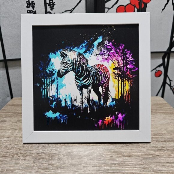 8x8 Framed Zebra Fantasy‎ Wall Art Watercolor Oil Painting Print - Picture 1 of 9